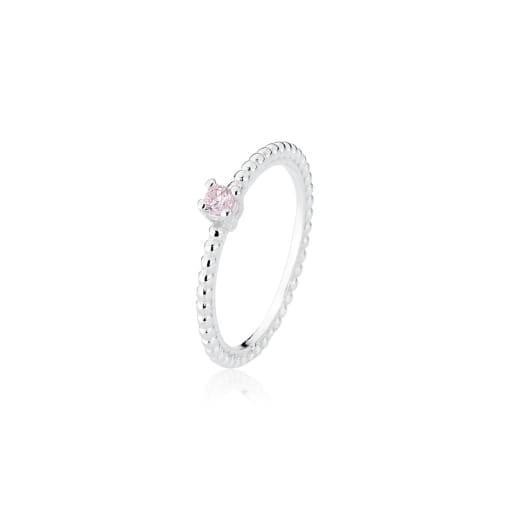 Anel Solitário Aro de Bolinha e Pedra Rosa