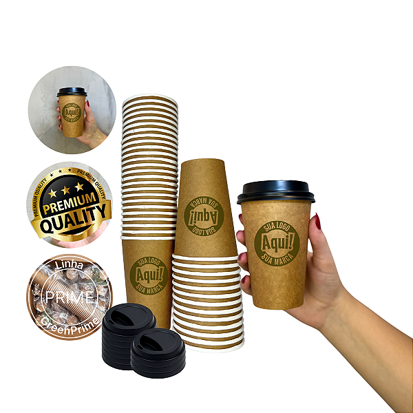 Copo Papel Personalizado Kraft Descartável Bio 300ml C/ Tampa 50un