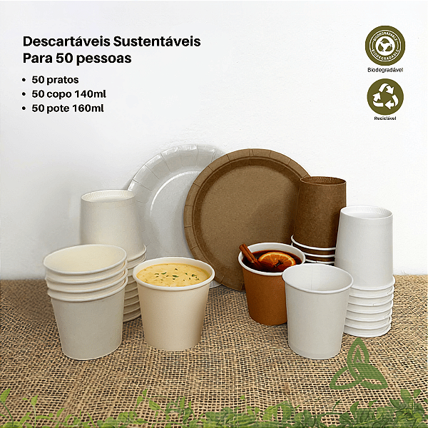 Kit Festa Descartável Sustentável Prato, Copo, Pote 50 pessoas