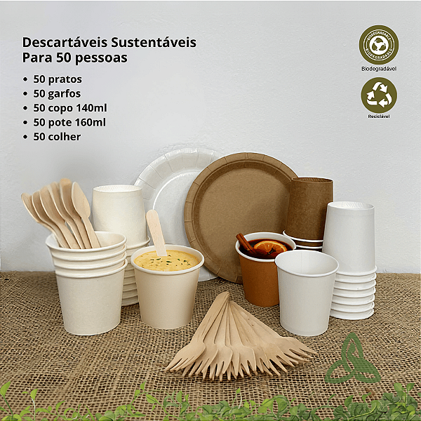 Kit Festa Descartável Sustentável Prato, Copo, Pote e Talheres