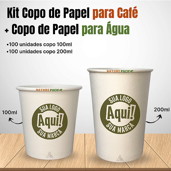 Kit Copos de Papel Biodegradáveis 100ml e 200ml Personalizados 200 Unidades