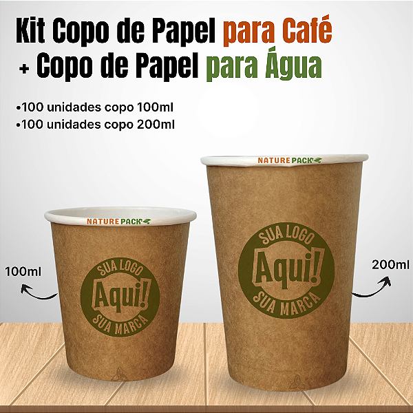 Kit Copos de Papel Biodegradáveis 100ml e 200ml Kraft Personalizados 200 Unidades