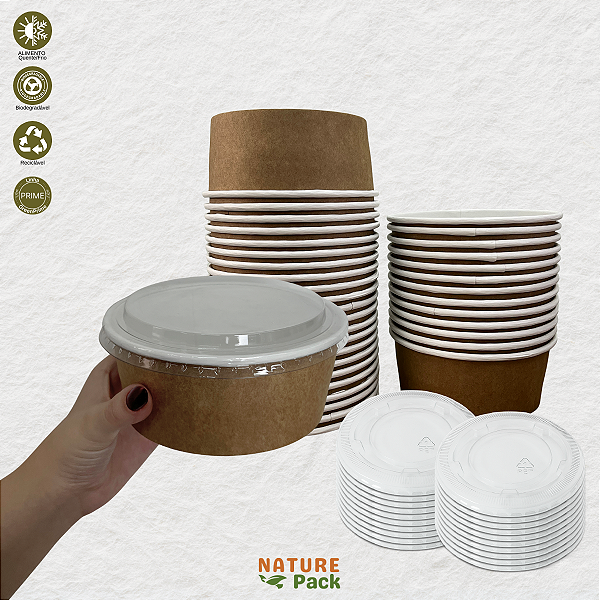Bowl Papel Kraft 750ml + Tampas Bio, Massas, Poke 50un