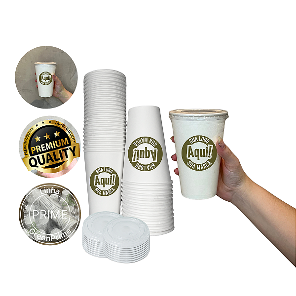 Copo Papel Personalizado 500ml Com Tampa Reta Canudo 120un