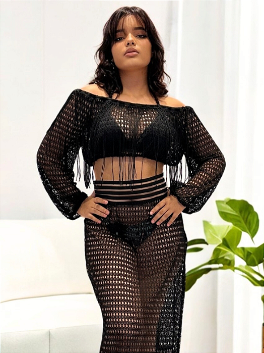 Saída de Praia Chalaróste Conjunto Cropped e Saia Longa com Franjas MP100049