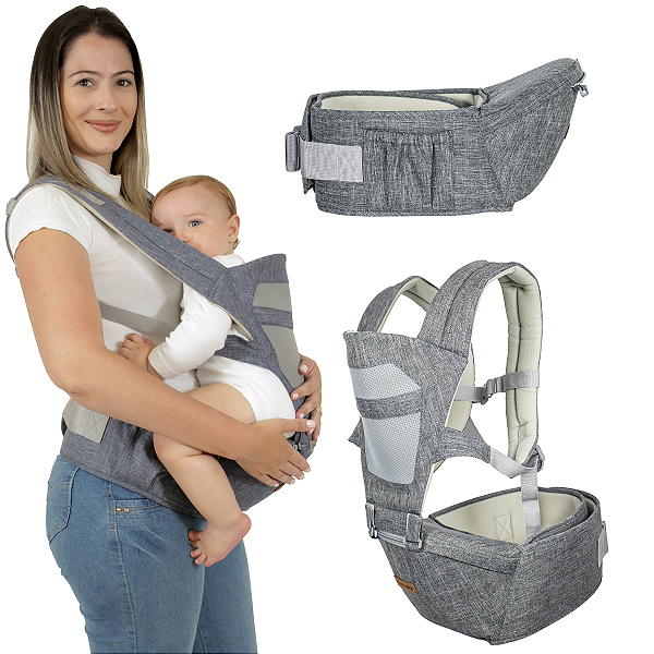 Canguru Para Bebe Com Assento Suspenso Cinza Mesclado Kababy