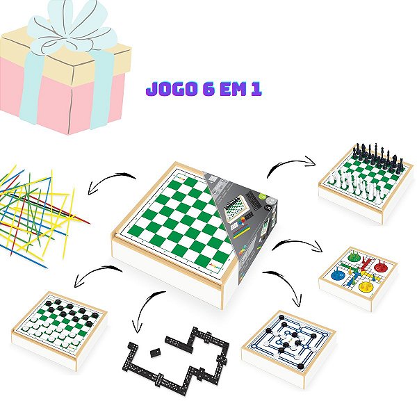 JOGO 6 EM 1-XADREZ,DAMAS,TRILHA,LUDO,PEGA-VARETAS E DOMINO