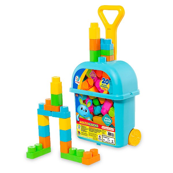 BABY LAND CARRINHO DE PUXAR COM 20 BLOCOS AZUL