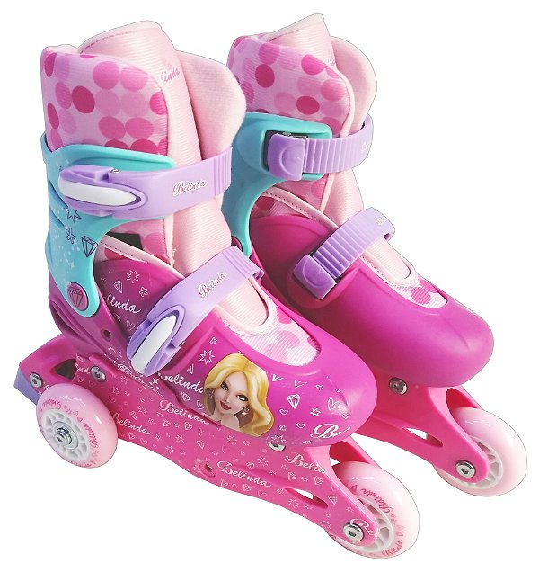 Patins Inline Princesa Fashion Rosa 2/1 Ajustável Divertido