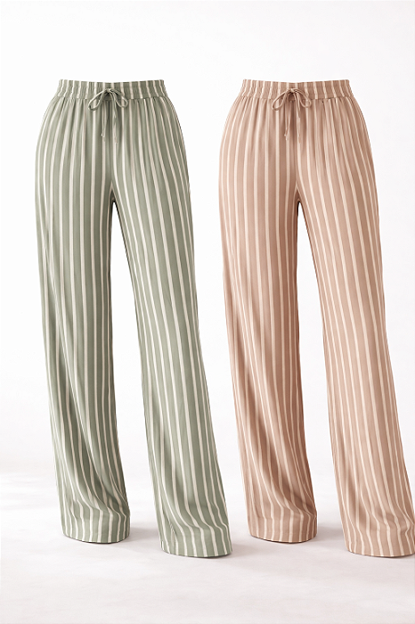 Calça Pantalona Feminina Estampada Listrada com Cós Elástico e Amarração Frontal