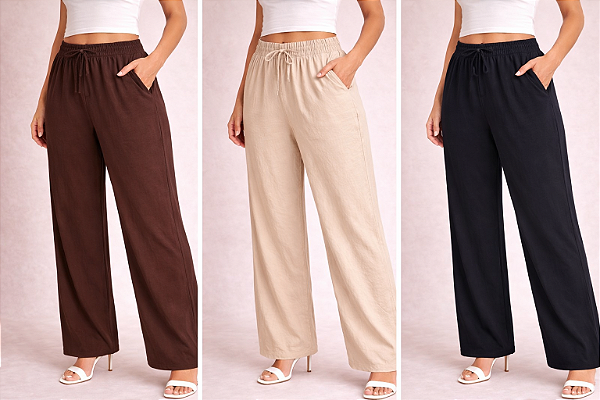 Calça Pantalona Feminina em Linho com Cós Elástico e Bolsos Laterais