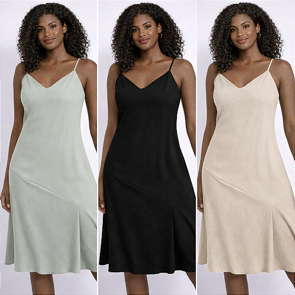 Vestido Midi Feminino Decote V Alças Finas Elegante