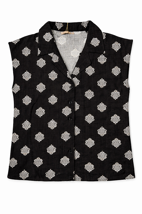 Blusa Feminina  Floral Estampada Sem Manga com Abotoamento