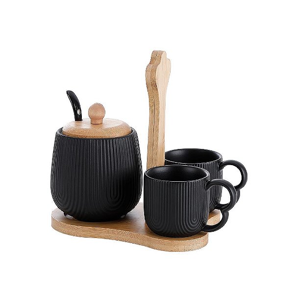Jogo Xícaras Café Chá Açucareiro Suporte Bambu Preto
