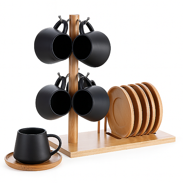 Jogo Xícaras Café Chá Porcelana Suporte Bambu Preto Presente