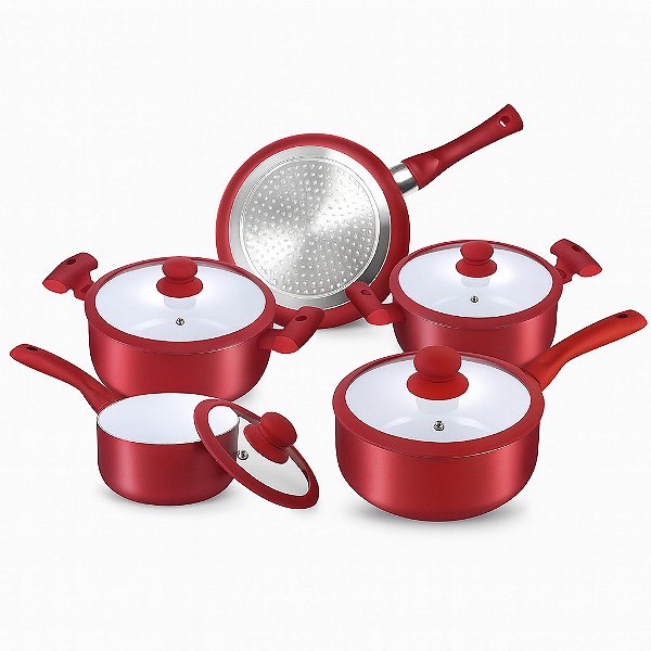 Jogo Panelas 5 Peças Vermelha Antiaderente Teflon Cerâmica
