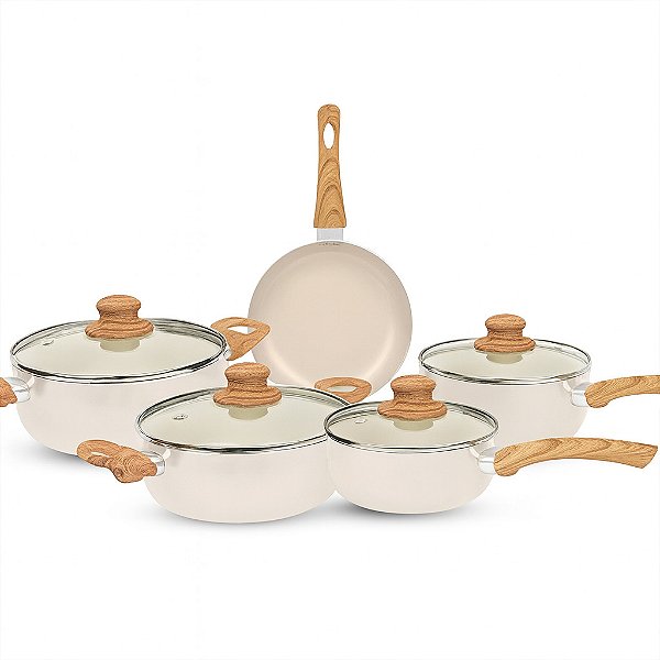 Jogo De Panelas 5 Peças Bege Antiaderente Teflon Cerâmica