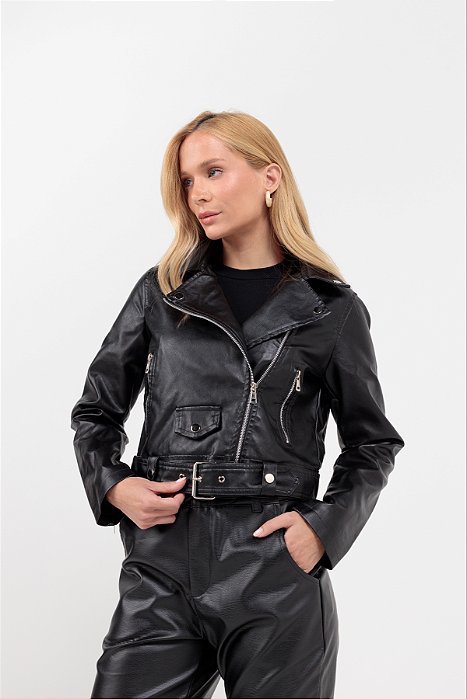 Jaqueta Biker Feminina em Couro Sintético com Zíper Assimétrico