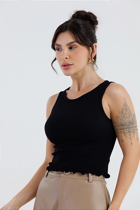 Regata Cropped Sem Costura Barra Frufru Canelada