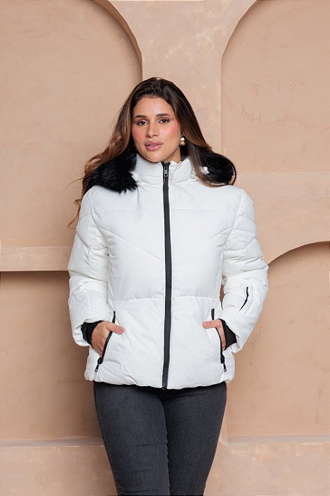Jaqueta Feminina Puffer com Capuz Peluciado Bobojaco Inverno