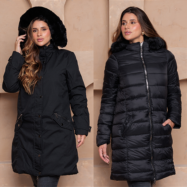 Sobretudo Alongado Puffer Dupla Face com Capuz Peluciado