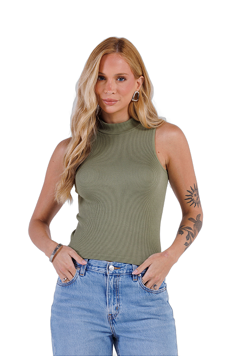 Regata Feminina Gola Alta Sem Costura Tecido Canelado