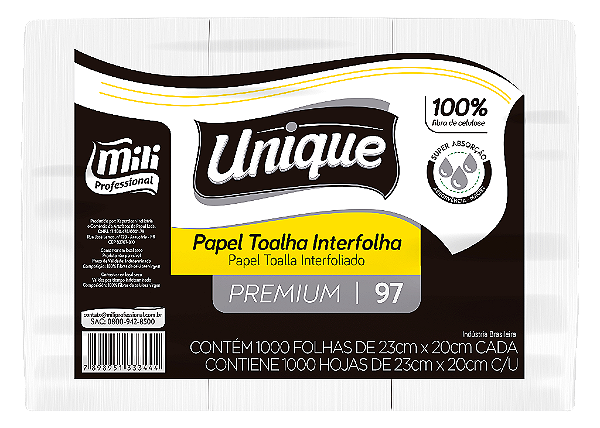 Papel Toalha Interfolha Unique Premium 30GR - 1000 folhas - 23x20cm - Mili