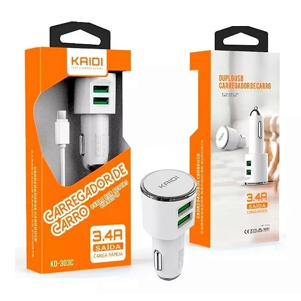 CARREGADOR DE CARRO DUPLO USB PORTAS USB 3,4A KD-303C