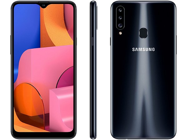SMARTPHONES SAMSUNG Galaxy A20s Preto 32GB, Câmera Tripla Traseira, Selfie de 8MP, Tela Infinita de 6.5, Leitor de Digital, Octa Core e Android 9.0