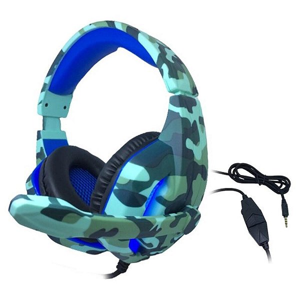 FONE Headset Gamer TecDrive C/ Led e Controle Vol. Camuflado Agua/Azul/Preto - Naval PX6