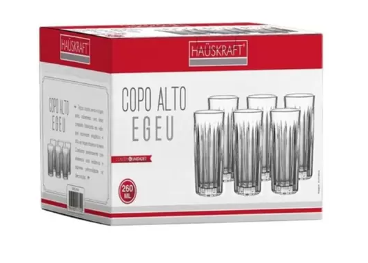 COPO VIDRO 260ML ALTO 6PCS EGE