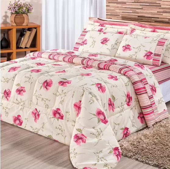 Kit Edredom Dupla Face Estampado Casal Padrao 03 Pecas Tecido Misto Percal 180 Fios Requinte - Floral Rose