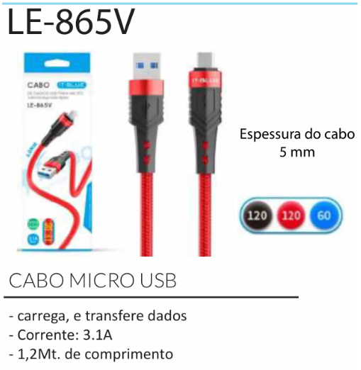 CABO CARREGADOR 3.1A TIPO-C 1.2M LE-865C IT-BLUE