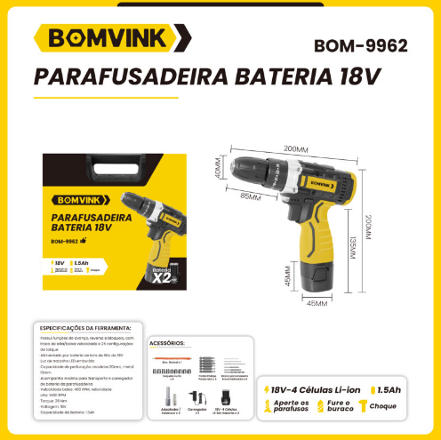 Parafusadeira Bateria 18v BOMVINK BOM-9962