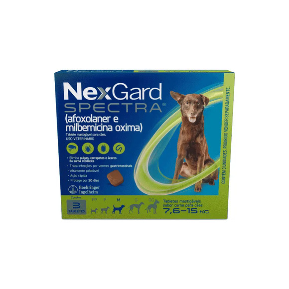 NexGard Spectra  Antipulgas e Vermífugo Cães 7,6kg a 15kg 3 tabletes