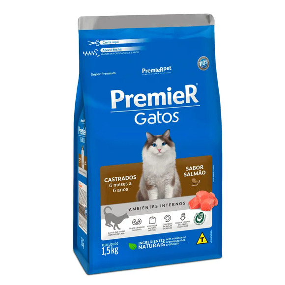 Ração Premier Ambientes Internos Gatos Castrados 6 Meses a 6 Anos Salmão 1, 5 kg