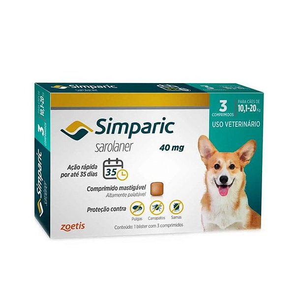 Antipulgas Simparic 10 a 20kg Cães 40mg 3 comprimidos