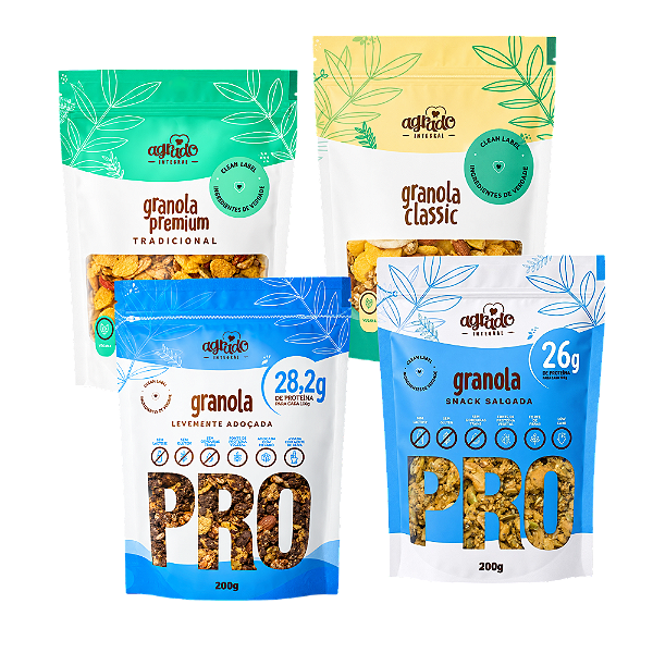Combo Promocional 4 Pacotes - Granola Snack Salgada + Granola Levemente Adoçada + Premium Tradicional + Classic