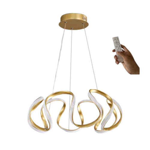 Lustre Sala Led Ondulado Pendente Moderno 48w – 45 cm – Dourado – C/ Controle Remoto
