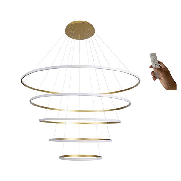 Lustre Pendente Led 5 Anéis Moderno 250w 120cm Dourado C/ Controle