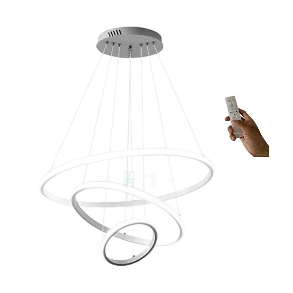 Lustre Sala Led 3 Anéis Moderno 113w 80cm Branco C/ Controle