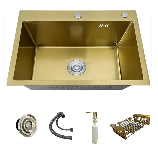 Cuba Cozinha Pia Inox Dourado Quadrada 60x45 Gourmet Com Acessórios