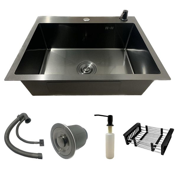 Cuba Cozinha Pia Inox Preta Quadrada 60x45 Gourmet Com Acessórios