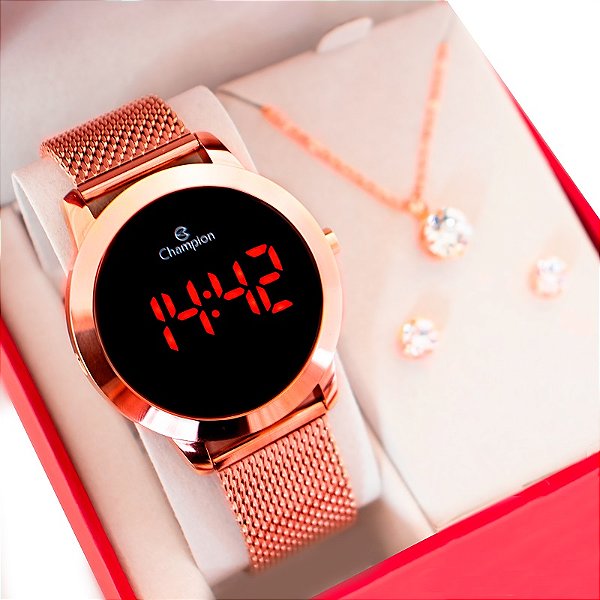 Relógio Champion Feminino Rosê Digital Led Vermelho CH40106Z Kit Colar e Brincos
