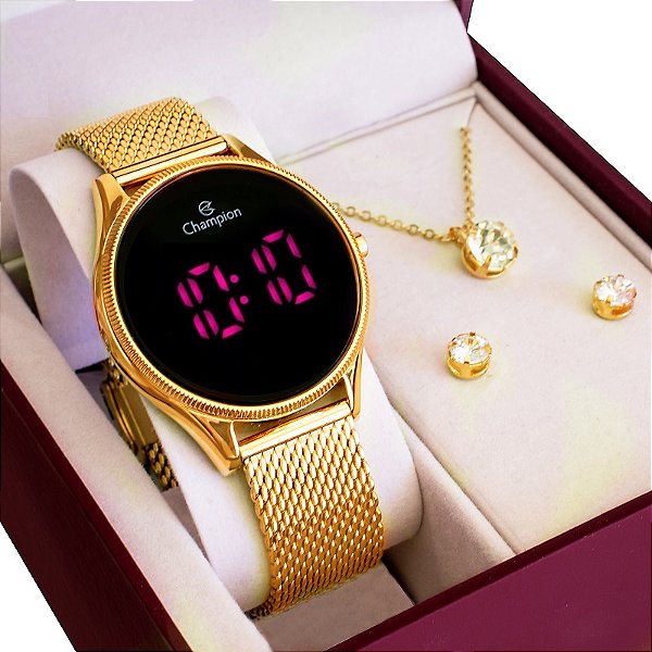 Relógio Champion Feminino Dourado Digital Led Rosa CH40133H Colar e Brincos