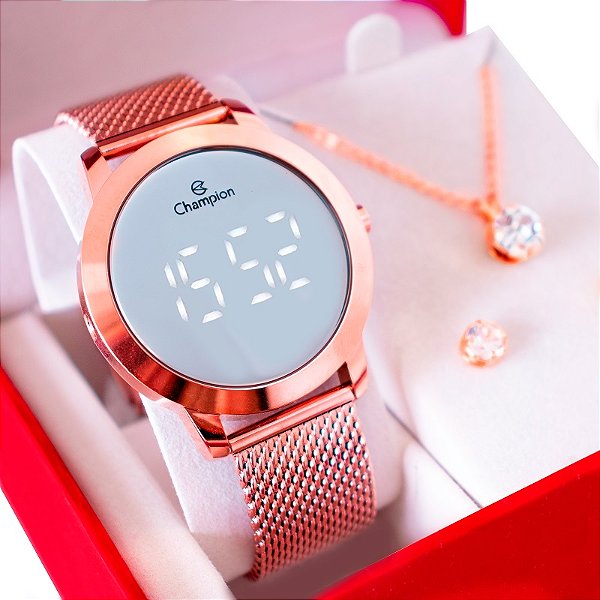 Relógio Feminino Champion Digital Espelhado Pulseira Mesh CH40106P Kit Colar e brincos