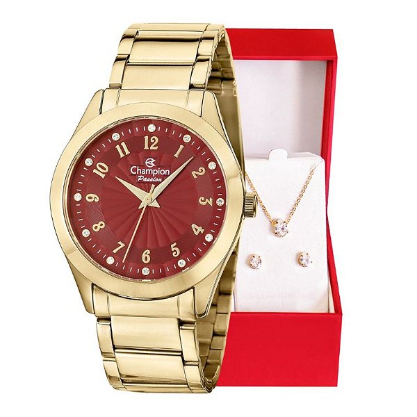 Relógio Feminino Dourado Champion Analógico Prova D'agua CN29409X Colar e Brincos