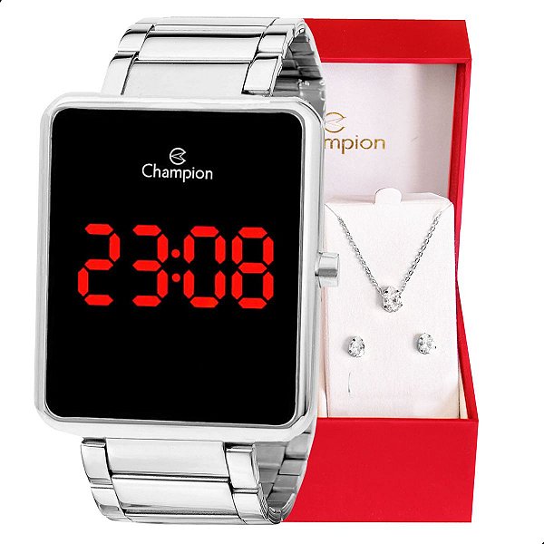 Relógio Feminino Champion Digital Prata Colar e Brincos CH40086T