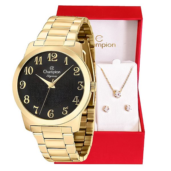 Relógio Feminino Champion Elegance Dourado Analógico CN26386U Colar e Brincos