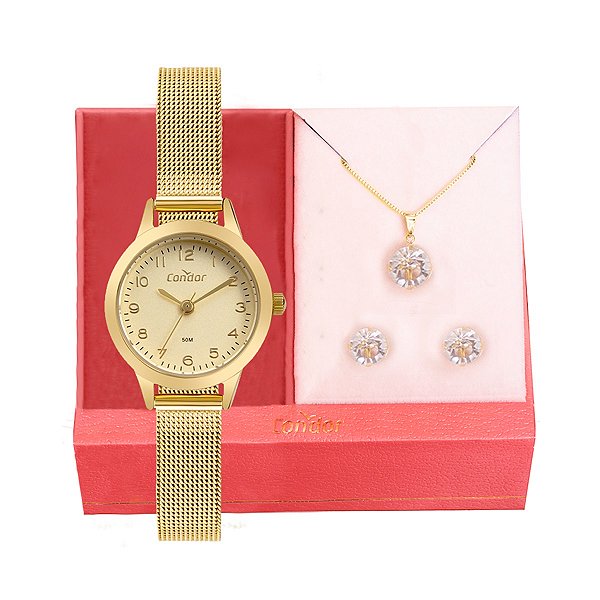 Relógio de Pulso Feminino Condor Dourado CO2035MZS/K4K Colar e Brincos